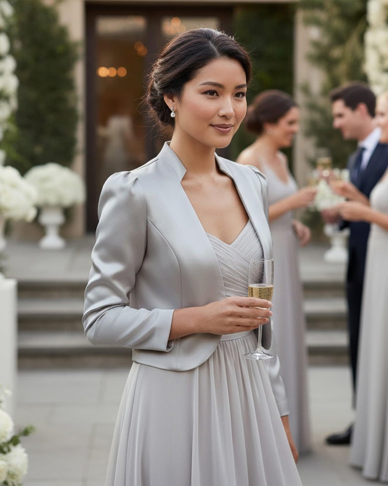 BOLEROSE Formal Long Sleeve Satin Bolero Shrug Occasion Jacket (Silver, US 10) - Image 5